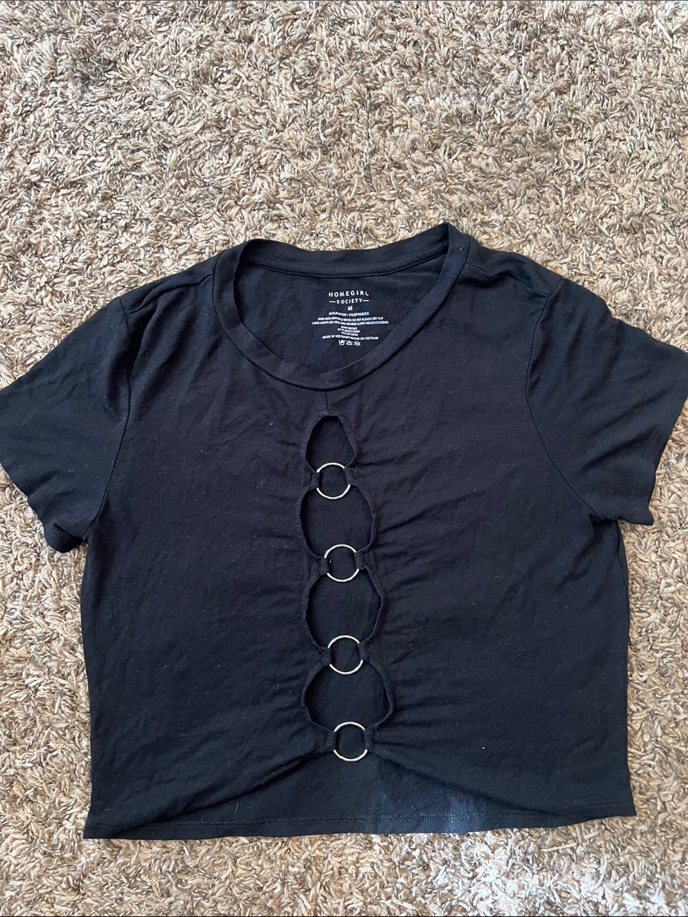Society Black Cropped Tee with Front Ring Cutouts